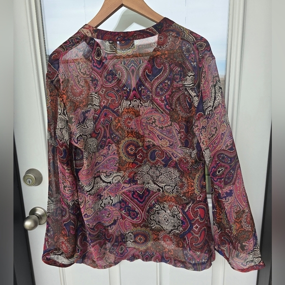 Chicos 100% Silk Paisley Blouse Sz  (S-M) Sheer Button Up Long Flare Sleeve Y2k - Picture 10 of 10